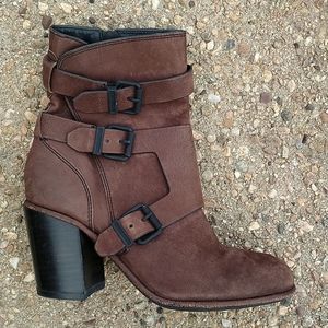 Calvin Klein Susie brown heeled leather buckle strap boots 7.5